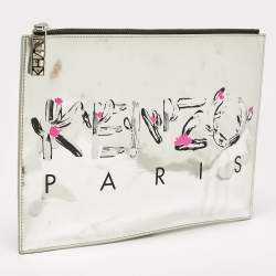 Kenzo Silver Patent Leather Logo Printed Zip Pouch