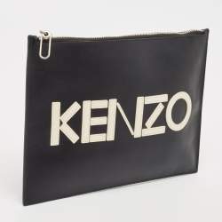Kenzo Black Leather Logo Zipped Pouch