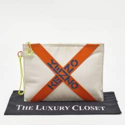 Kenzo Cream/Orange Criss Cross Logo Print Nylon Zip Pouch