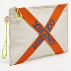 Kenzo Cream/Orange Criss Cross Logo Print Nylon Zip Pouch
