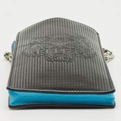 Pre Owned Kenzo Black/Blue Patent and Leather Tiger Embossed Phone Crossbody Bag