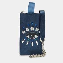 Pre Owned Kenzo Metallic Blue Leather Eye Studded Phone Crossbody Bag