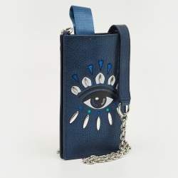 Pre Owned Kenzo Metallic Blue Leather Eye Studded Phone Crossbody Bag
