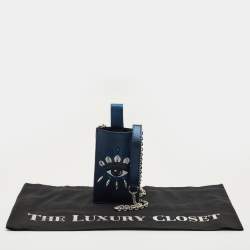 Pre Owned Kenzo Metallic Blue Leather Eye Studded Phone Crossbody Bag