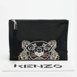 مملوكة مسبقًا Kenzo Tiger Embroidered Black Nylon Flat Pouch 