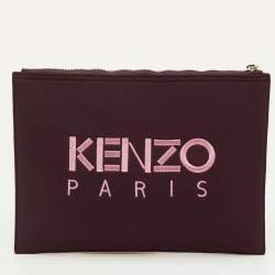 Pre Owned Kenzo Tiger Embroidered Burgundy Neoprene Zip Pouch Clutch