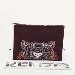 Pre Owned Kenzo Tiger Embroidered Burgundy Neoprene Zip Pouch Clutch