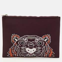 Pre Owned Kenzo Tiger Embroidered Burgundy Neoprene Zip Pouch Clutch
