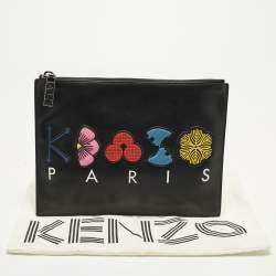 مملوكة مسبقًا Kenzo Logo Patch Black Leather Zip Flat Pouch