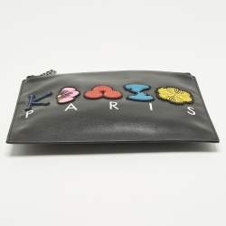 مملوكة مسبقًا Kenzo Logo Patch Black Leather Zip Flat Pouch