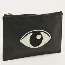 Pre Owned Kenzo Eye Embroidered Black Leather Pouch