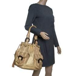 Pre Owned Kenzo Gold Leather Drawstring Studded Bucket Bag