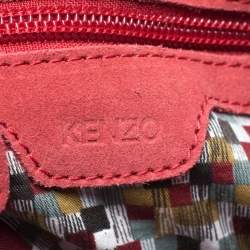 Kenzo Red Flower Embossed Suede Drawstring Satchel
