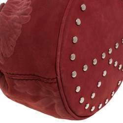 Kenzo Red Flower Embossed Suede Drawstring Satchel