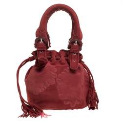 Kenzo Red Flower Embossed Suede Drawstring Satchel