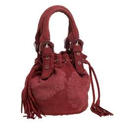 Kenzo Red Flower Embossed Suede Drawstring Satchel