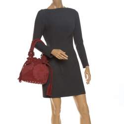 Kenzo Red Flower Embossed Suede Drawstring Satchel