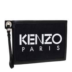 Pre Owned Kenzo Black Canvas and Leather Wristlet Clutch