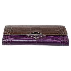 Pre Owned Kenzo Brown/Purple Croc Embossed Leather Wallet