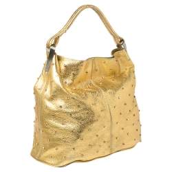 Pre Owned Kenzo Gold Embellished Grained Leather Woven Handle Hobo