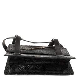 Pre Owned Kenzo Black Woven Leather Metal Pin Flap Tote