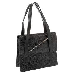 Pre Owned Kenzo Black Woven Leather Metal Pin Flap Tote