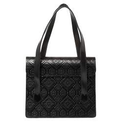 Pre Owned Kenzo Black Woven Leather Metal Pin Flap Tote
