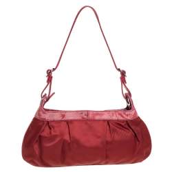 Pre Owned Kenzo Red Pleated Nylon and Leather Small Zip Hobo
