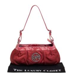Pre Owned Kenzo Red Pleated Nylon and Leather Small Zip Hobo