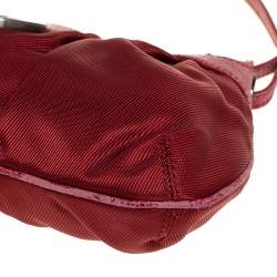 Pre Owned Kenzo Red Pleated Nylon and Leather Small Zip Hobo