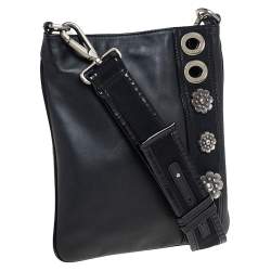 Pre Owned Kenzo Black Leather and Patent Leather Trim Metal Floral Embellished Messenger Bag