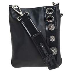 Pre Owned Kenzo Black Leather and Patent Leather Trim Metal Floral Embellished Messenger Bag