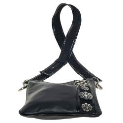 Pre Owned Kenzo Black Leather and Patent Leather Trim Metal Floral Embellished Messenger Bag