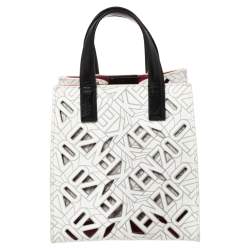 Pre Owned Kenzo White/Black Laser Cut Leather Mini Flying Logo Tote