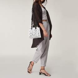 Pre Owned Kenzo White/Black Laser Cut Leather Mini Flying Logo Tote