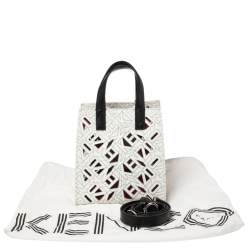 Pre Owned Kenzo White/Black Laser Cut Leather Mini Flying Logo Tote