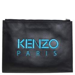 مملوكة مسبقًا Kenzo Black Leather Tiger Embroidered Zipper Clutch