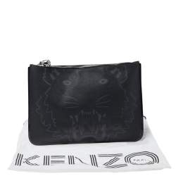 Pre Owned Kenzo Black Tiger Print Coated Canvas and Patent Leather Wristlet Pouch