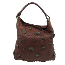 Pre Owned Kenzo Brown Python Embossed Leather Embellished Hobo