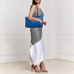 Pre Owned Kenzo Two Tone Blue Logo Embossed Fabric and Leather Trim Shopper Tote