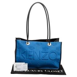 Pre Owned Kenzo Two Tone Blue Logo Embossed Fabric and Leather Trim Shopper Tote
