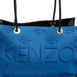 Pre Owned Kenzo Two Tone Blue Logo Embossed Fabric and Leather Trim Shopper Tote