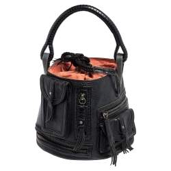 Pre Owned Kenzo Black Leather Drawstring Tassel Bucket Bag