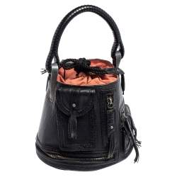 Pre Owned Kenzo Black Leather Drawstring Tassel Bucket Bag
