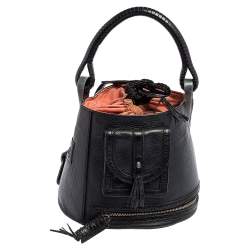 Pre Owned Kenzo Black Leather Drawstring Tassel Bucket Bag