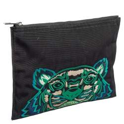 Pre Owned Kenzo Black Canvas Logo Embroidered Pouch