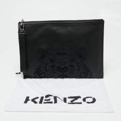 Pre Owned Kenzo Black Leather Tiger Motif Clutch