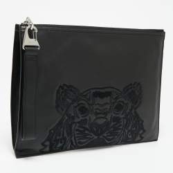 Pre Owned Kenzo Black Leather Tiger Motif Clutch