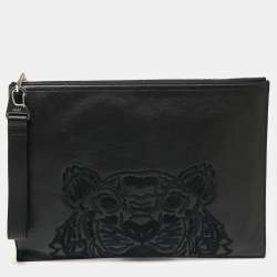 Pre Owned Kenzo Black Leather Tiger Motif Clutch