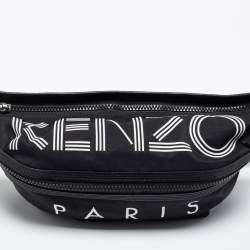 Pre Owned Kenzo Black Logo Print Nylon And Leather Belt Bag